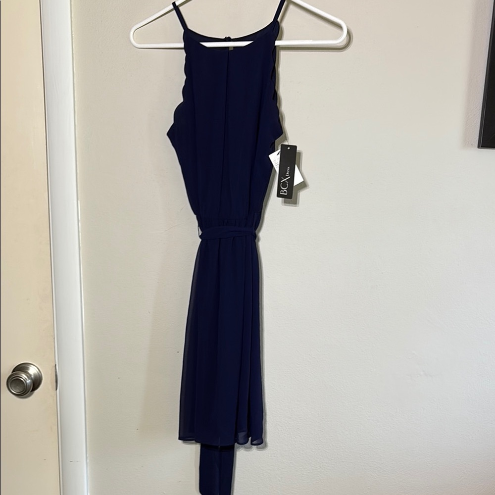 BCX Blue Tie Front Halter Sundress for Wedding Guest